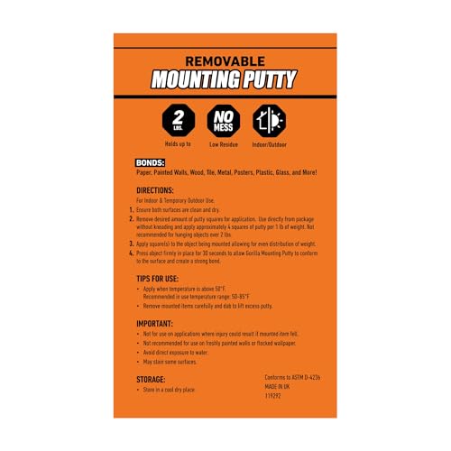 Gorilla Mounting Putty, Natural Tan Color, 84 Pre-Cut Squares (Pack of 1) - Non-Toxic Removable & Repositionable Wall Putty - size: 1 - Pack, style: 2 Ounce