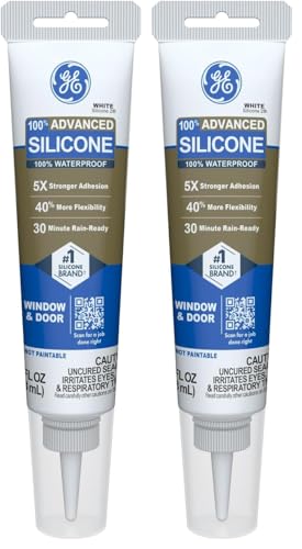 GE Advanced Silicone Caulk for Window & Door, White, 2.8 fl oz Tube - 100% Waterproof Silicone Sealant, 5X Stronger Adhesion, Freeze & Sun Proof,(Pack of 2) - color: White, size: Pack of 2