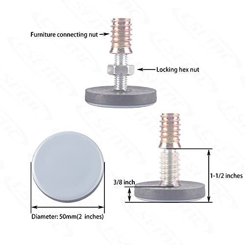 Furniture Leveler PTFE(Teflon) Bottom(50mm Large Base),Thread Shank(3/8-16) Adjust Pads,Table/Chair/Cabinet/Sofa Medium Adjustable Legs Leveling,Nuts Installation and Floor Protection(4 Pack) - size: 50mm Base 3/8-16 x 2", 4 Pack