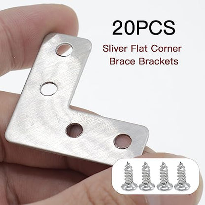 20pcs 1.6 x1.6inch Silver L Flat Shape Braces Corner Bracket, 40x40 mm Decorative Corner Brackets Mending Plate, Stainless Steel 90 Dgree Angle Bracket for Wood Furniture Fixing - size: Silver 40x40 mm
