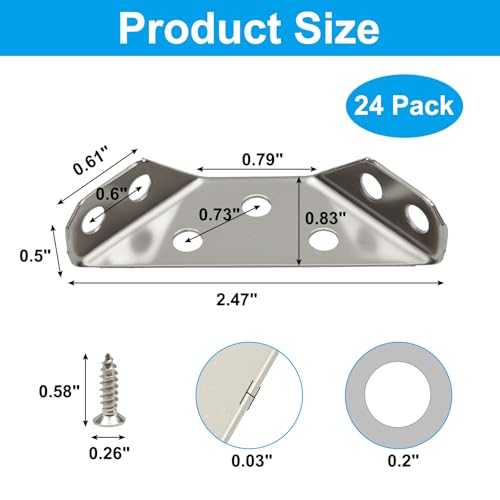 24 Pack Stainless Steel Corner Brackets, Universal Metal Angle Braces with Screws for Wood Furniture, Drawers, Cabinets, Tables and Chairs (Silver) - size: 24 Pcak