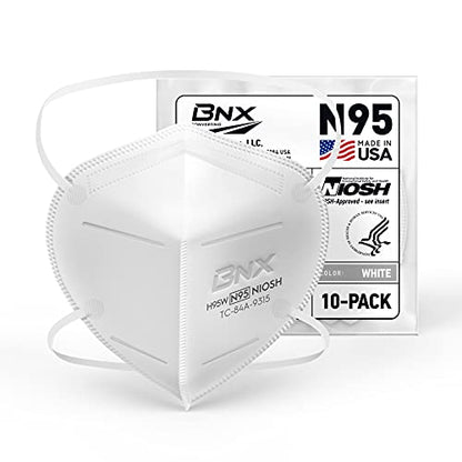 BNX N95 Mask NIOSH Certified MADE IN USA Particulate Respirator Protective Face Mask (10-Pack, Approval Number TC-84A-9315 / Model H95W) White - color: White