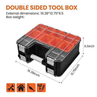 TACTIX Double-Sided Tool Organizer, Toolbox with 8-Storage Bins & 14 Adjustable Dividers & Transparent Lids, Portable Hardware Storage Box for Screws, Nuts, Fishing Accessories (Black&Orange) - style: Double Sided Tool Box