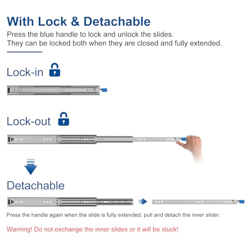 VADANIA 30" Heavy Duty Drawer Slide with Lock #D53, 2" Width Up to 125lb Load Capacity, 3-Fold Full Extension, Ball Bearing Lock-in & Lock-Out, Side Mount, 1-Pair - size: 30 Inch, style: #D53(53mm wide)