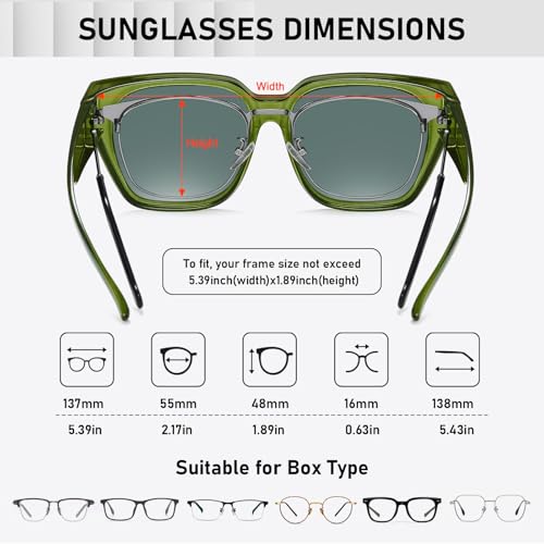 HAOLOTA Polarized Fit Over Glasses Sunglasses for Women Men Trendy Square Wrap Around Shades UV Protection - color: L Size 20 Clear Green/Pink