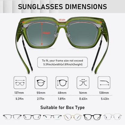 HAOLOTA Polarized Fit Over Glasses Sunglasses for Women Men Trendy Square Wrap Around Shades UV Protection - color: L Size 20 Clear Green/Pink