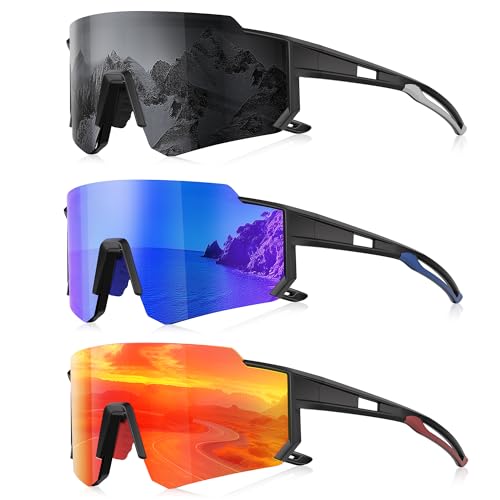 3 Pack Polarized Sunglasses for Men Women, Sports Mens Sunglasses with UV Protection for Baseball Cycling Running - color: A07-gray/Dark Blue/Red