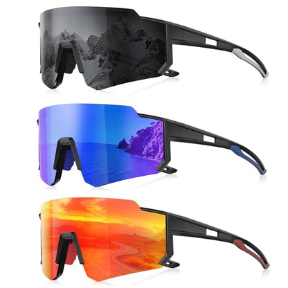 3 Pack Polarized Sunglasses for Men Women, Sports Mens Sunglasses with UV Protection for Baseball Cycling Running - color: A07-gray/Dark Blue/Red