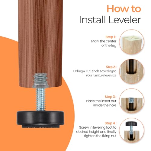 NEWBYTEK M6 Adjustable Furniture Leveler, 12 Pack Rubber Leveling Feet Screws in Threaded, Feet Levelers Screw On Furniture Glide Leveling for Table, Chair, Furniture Legs (with Insert nut) - size: Metric M6 | Install Kit (With Nut)