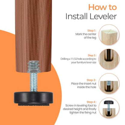 NEWBYTEK M6 Adjustable Furniture Leveler, 12 Pack Rubber Leveling Feet Screws in Threaded, Feet Levelers Screw On Furniture Glide Leveling for Table, Chair, Furniture Legs (with Insert nut) - size: Metric M6 | Install Kit (With Nut)