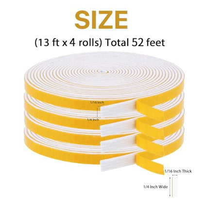 4 Rolls Weather Stripping for Doors, 1/4 Inch Wide X 1/16 Inch Thick Total 52 Feet Long Adhesive Soundproof Foam Seal Tape for Windows(13ft x 4 Rolls) - size: 1/4" (W) x 1/16" (T) x 52' (L)