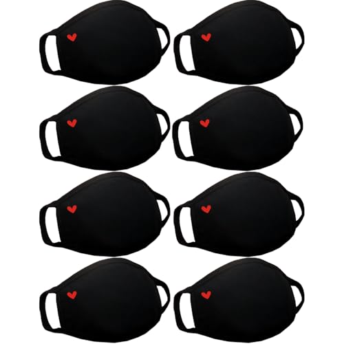 Pack 8 Black Cloth Dust Mouth Mask - Heart Covering All Cotton - Reusable Washable Comfy Breathable Material - style: Pack 8 Heart Without Nose Wire