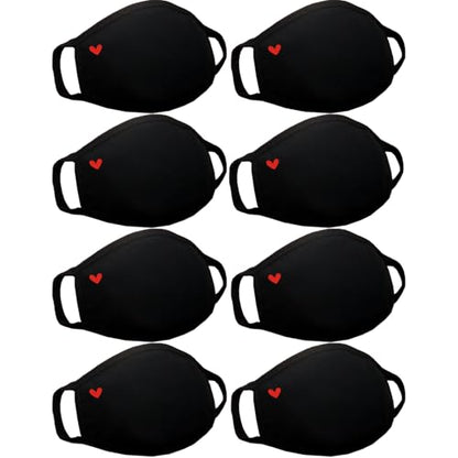 Pack 8 Black Cloth Dust Mouth Mask - Heart Covering All Cotton - Reusable Washable Comfy Breathable Material - style: Pack 8 Heart Without Nose Wire