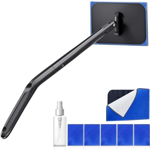 Car Windshield Cleaner Tool with Extendable Handle, Inside Auto Window Glass Cleaning Kit with 5 Washable Microfiber Pads, Streak-Free Defogger Wand for Deep Dashboards & SUVs - color: Deep Blue