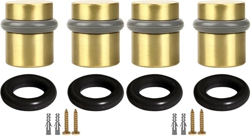 Modern Cylindrical Door Stop – Satin Brass Floor Rubber Bumper, 4-Pack – Design House, 188185 - color: Satin Brass, size: 4 Pack, style: Modern Cylindrical Doorstop