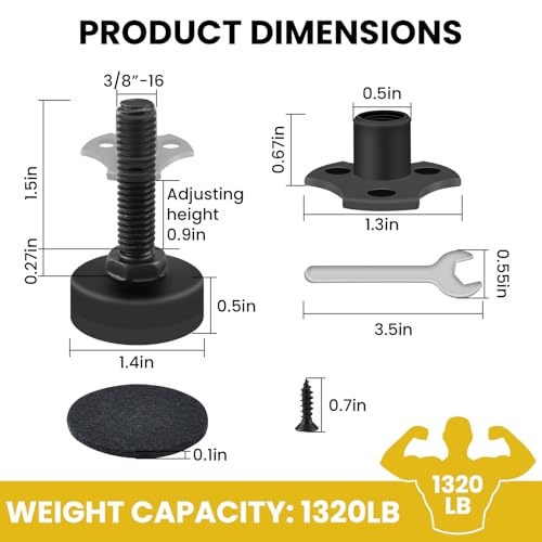 Adjustable Leveling Feet, 4 Pack 3/8"-16 Threaded Heavy Duty Leg Levelers T-Nut Kit, Large Base Furniture Levelers Support 1320LBs for Tables Cabinets Chairs Workbench Sofa and More
