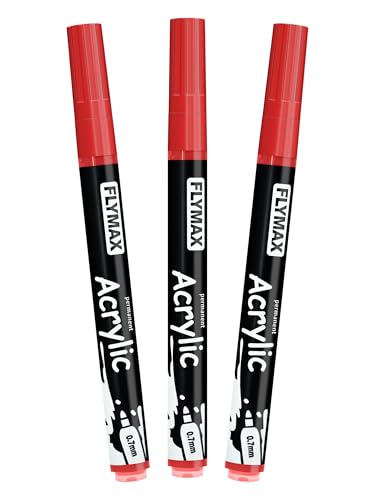 FLYMAX Red Marker Paint Pens - Permanent Marker Pens Red Acrylic Paint Water-Based 0.7mm Fine Tip Waterproof Quick-Drying (3 in 1Pack) - color: Red
