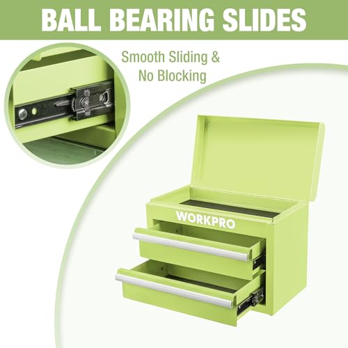 WORKPRO Metal Mini Tool Box, Top Tool Chest containing Two Drawers with Ball Bearing Slides, PVC Drawer Liners and PP Feet Pads, Durable Cold Rolled Steel Small Toolbox for Multi-Purpose Storage - color: Macaron Green