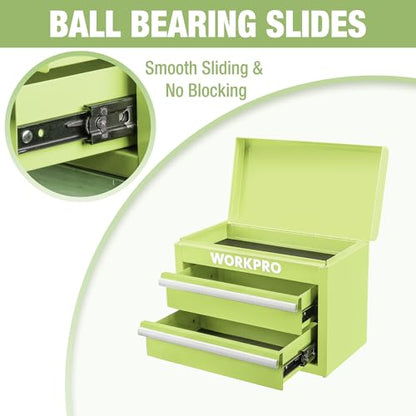 WORKPRO Metal Mini Tool Box, Top Tool Chest containing Two Drawers with Ball Bearing Slides, PVC Drawer Liners and PP Feet Pads, Durable Cold Rolled Steel Small Toolbox for Multi-Purpose Storage - color: Macaron Green