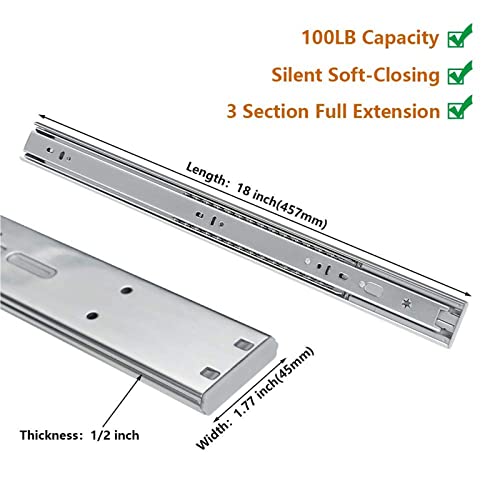 LONTAN 1 Pair 18 Inch Side/Rear Mount Soft Close Drawer Slides Full Extension 3 FOLD Drawer Glides - 4502S3-18 Drawer Slides Bottom Mount Heavy Duty 100 LB Drawer Runners - color: Silver-Soft Close, size: 18 Inch - Drawer Slide