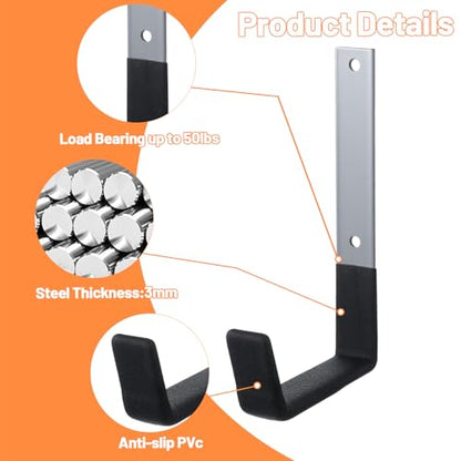 Heavy Duty Garage Hooks 8-Pack Wall Mount Storage Hooks for Bike, Ladder, Garden Hose, Chainsaw, Shovel, and Utility Tools - 55lbs Capacity, Black