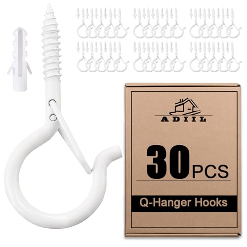 ADIIL 30 PCS Q Hanger Hooks with Safety Buckle, Windproof Screw Hooks for Hanging Outdoor String Lights, Plants, Christmas Patio Lights, 2.2 Inches, White - color: White, size: 30 pcs