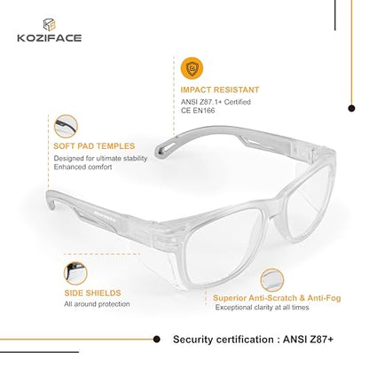 KOZIFACE E52 Anti-Fog Safety Glasses, ANSI Z87.1 Eye Protection with Side Shields, Clear Lens, Lightweight for Work, Lab DIY - color: Clear White