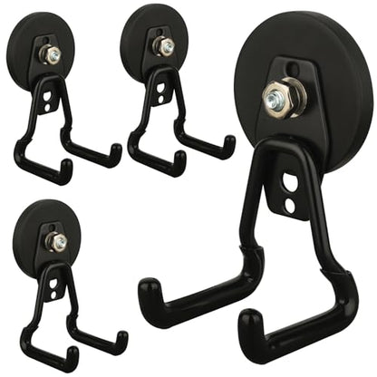 MUTUACTOR Upgraded Strong Magnetic Hooks Heavy Duty,4-Pack Unique Mounting Magnet with Hook,20lbs Durable Storage Magnet Hook for Storing Cordless Impact Drivers Trailer Cord Garage Tools - style: Updated 2.6in Magnet M Black Hooks 4PCS
