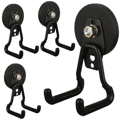 MUTUACTOR Upgraded Strong Magnetic Hooks Heavy Duty,4-Pack Unique Mounting Magnet with Hook,20lbs Durable Storage Magnet Hook for Storing Cordless Impact Drivers Trailer Cord Garage Tools - style: Updated 2.6in Magnet M Black Hooks 4PCS