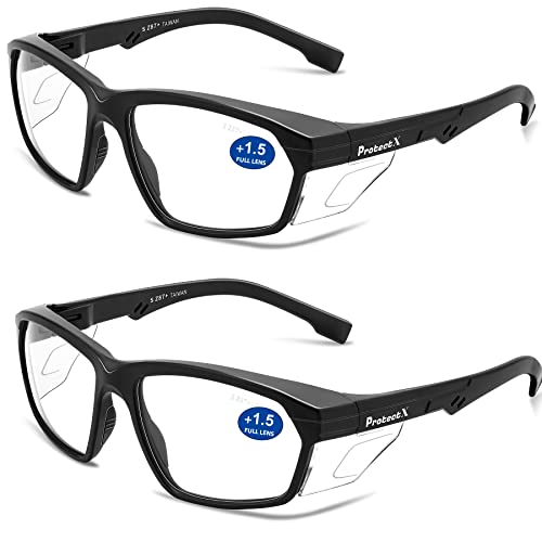ProtectX Classic Safety Glasses, Anti-Fog Scratch Resistant Lenses, Protective Eyewear for Work, Indoor/Outdoor, ANSI Z87.1 - color: Voyager Reading 1.5 - 2 Pack