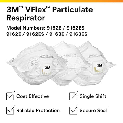 3M N95 Disposable Respirator, VFlex Particulate Respirator 9105, Pack of 50, Standard Size, NIOSH Approved, For Sweeping, Sanding, Grinding, Sawing, Bagging, Dust