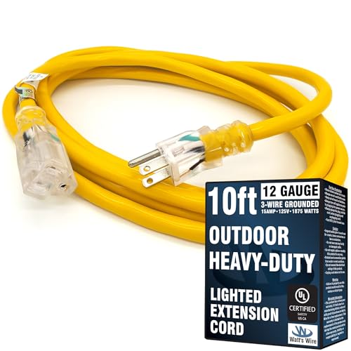 10 ft Outdoor Extension Cord Waterproof - 12 Gauge Heavy Duty Extension Cord 10 ft - Lighted Outdoor Extension Cords - Watts Wire - 10' Grounded - size: 10 Ft