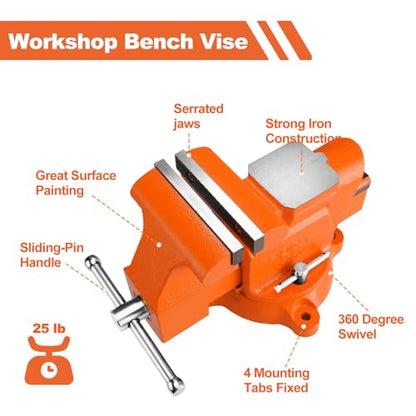 PONY Heavy Duty Bench Vise, 5-inch Jaw Width 4-inch Opening, Swivel Base With Anvil, Utility Combination Pipe Home Vise for Woodworking, One-Pair Jaw Pad Included - style: 4-inch Jaw Opening