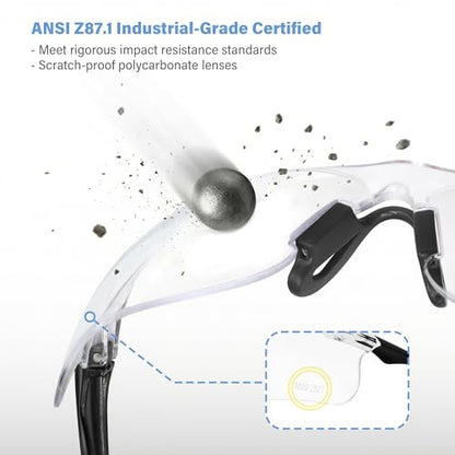 Clear Safety Glasses 6PK, Protective Eyewear UV Protection ANSI Z87.1 Crystal Clear Safety Goggles Scratch Impact Resistant Eye Protection with Soft Nose Pads, Clear Lens Black Temples - color: Clear Lens Black Temples