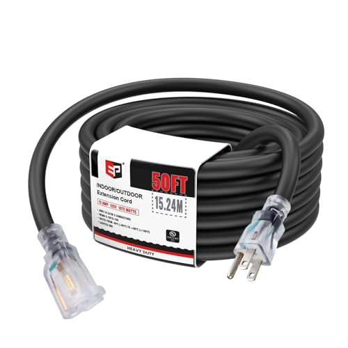 EP 50 Ft Lighted Outdoor Extension Cord - 10/3 SJTW Heavy Duty Black Extension Cable with 3 Prong Grounded Plug for Safety, UL Listed - color: Black, size: 50ft