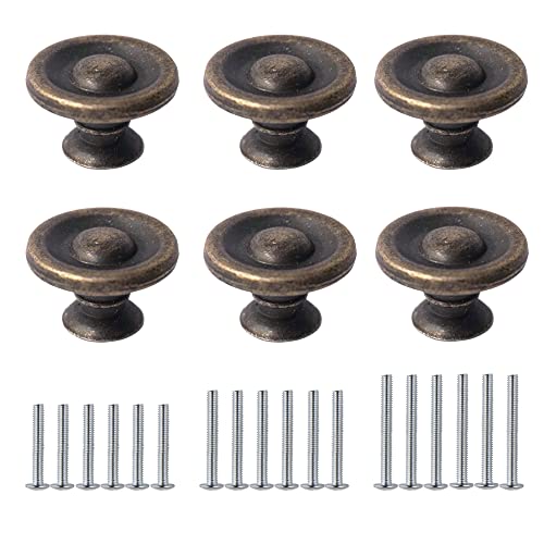 Bronze Cabinet Knobs, 6 Pack Vintage Drawer Pulls for Kitchen Metal Round Dresser Handles Pulls Cupboard Closet Wardrobe Zinc Alloy Dresser Knobs with 3 Sized Screws for Furniture - color: 6 Pack Small