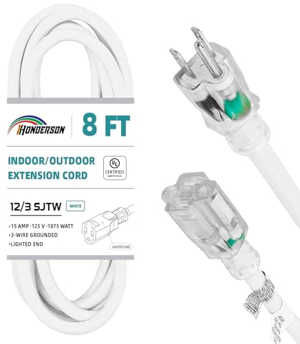 Indoor Outdoor Extension Cord Weatherproof with Lighted End, UL Certified, 12 Gauge 8FT White 3 Prong Heavy Duty, 12/3 SJTW 15A Power Cord for Outdoor Lights, Lawn - size: 8FT, style: 12/3