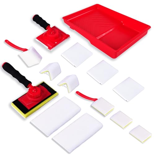 14 Pcs Walls Paint Edger Tool Professional Paint Edger Kit 4 Shape Trim Pads (7"+4"+1"+V-Corner) with 9 Refills 360° Rotating Handle and 7" Tray Edge Painting Tool Set for Corners Walls and Ceilings - color: Red