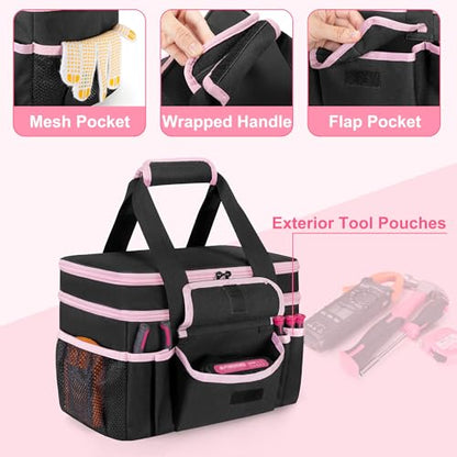 Tool Tote Bag for Women, Double Layer Tool Storage Organizer Bag with Divider for Electrician, Carpenters, Repairman, Black