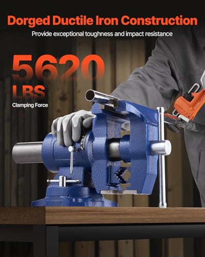 VEVOR Heavy Duty Bench Vise, 6-1/2" Jaw Width, 5" Max Jaw Opening Multi-Purpose Ductile Iron Bench Vise with Anvil, 360° Swivel Base Head, 3" Throat, 5620 lbs Clamp Force, for Pipe Repairing - size: 6.5inch