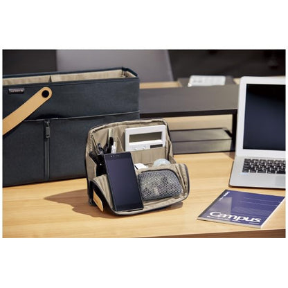 KOKUYO Pencil Case Pouch, Haco-Biz Standing Pen Pouch Bag, Foldable Stand up Pencil Holder Organizer, Large Capacity Portable Pencil Box for Office Supplies - color: Navy x Khaki
