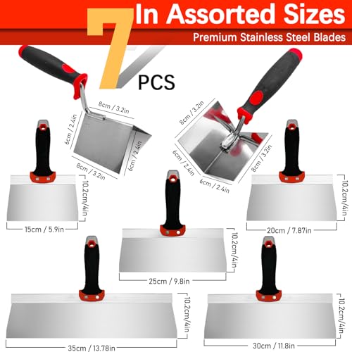 7 Pack Drywall Knife and Corner Tool Set, 6”8”10”12”14” Taping Knives, Outside Corner Trowel & Inside Corner Trowel for Joint Taping, Finishing, Patching - size: Taping Knife Set, 7pcs