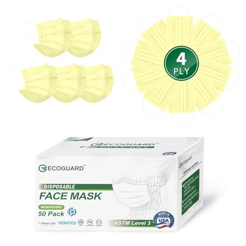 Disposable Face Masks Made in USA, 4 Ply for Families, Students, Breathable All-Day Wear & Safety, FSA HSA Eligible, ASTM Level 3 Medical Grade, 50 Pack, Light Yellow - color: Light Yellow, size: 50 Pack, style: Resealable Bag