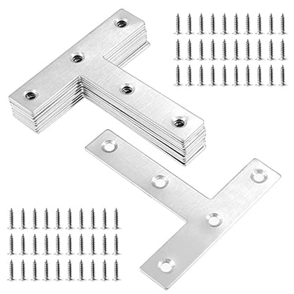 Bonsicoky 12Pcs T Shaped Mending Plate, 3.1" x 3.1" Stainless Steel Flat Corner Brackets, Corner Braces, Joining Plate, Repair Plate for Wood Furniture, Cabinet, Windows, Desks - style: T Shape