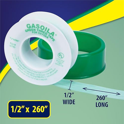 Gasoila Green PTFE Thread Seal Tape – Professional-Grade High-Density Thread Tape for Oxygen Lines – Leak-Proof Seal, Non-Toxic (1/2 Inch x 260 Inch Roll) - size: 1/2 Inch x 260 Inch Roll
