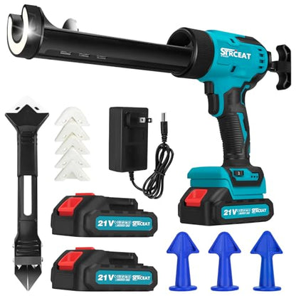 Cordless Caulking Gun, 21V Battery Powered Caulk Gun, Electric Caulking Gun w/2 x 2.0Ah Batteries, 9Pcs Caulk Remover Tool, LED Light, Auto Retract for Filling, Sealing