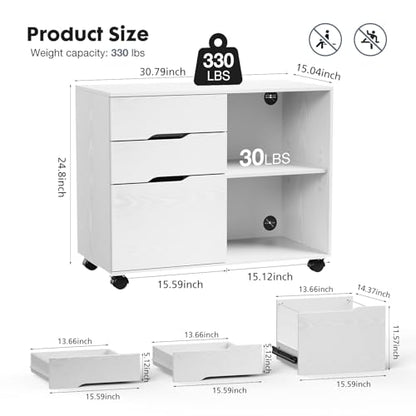 DUMOS Lateral File Cabinet with 3 Drawers Rolling Filing Cabinets Under Desk Storage Printer Stand Wood Organizer with Wheels Adjustable Shelf for Office Home Small Space, White - color: Classic White