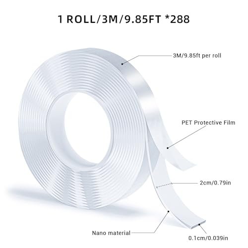 288 Rolls Double Sided Tape, Nano Tape, Transparent Adhesive Tape, Traceless Adhesive Tape, Removable, Washable, Reusable, Suitable for Carpets, Photo Walls, 9.85 Feet Per Roll - size: 9.85 Feet Set of 288
