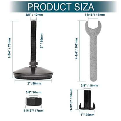 Zernmiarder M10 Adjustable Leveling Feet with 4-Pronged T Nut, Rubber Leg Levelers Heavy Duty Furniture Levelers with 2" Thread Length for Cabinet Table Chair Raiser - Black, 8Pcs - color: Black, size: M10 x 50mm
