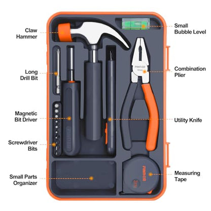 Finder Small Tool Kit 19 Piece General Household Tool Set, Mini Tool Kit Basic Hand Tools Kit with Plastic Toolbox Storage Case for Home Repair (Orange)